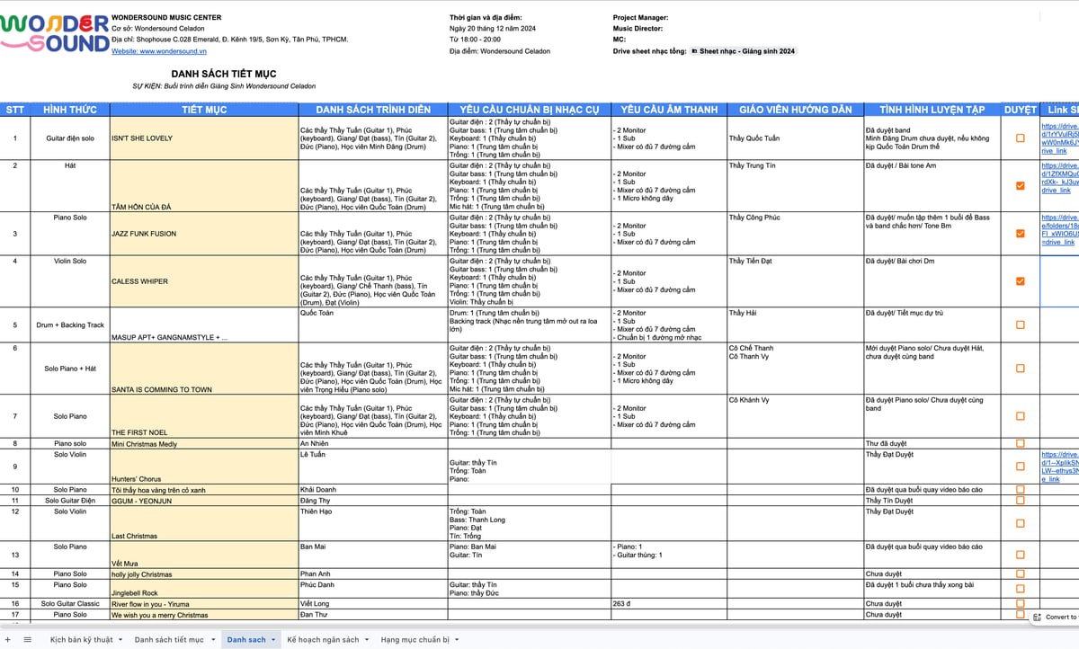 Bảng kế hoạch sự kiện Giáng sinh Wondersound — danh sách tiết mục, nhạc cụ, âm thanh, GV hướng dẫn, tình hình luyện tập, link sheet nhạc