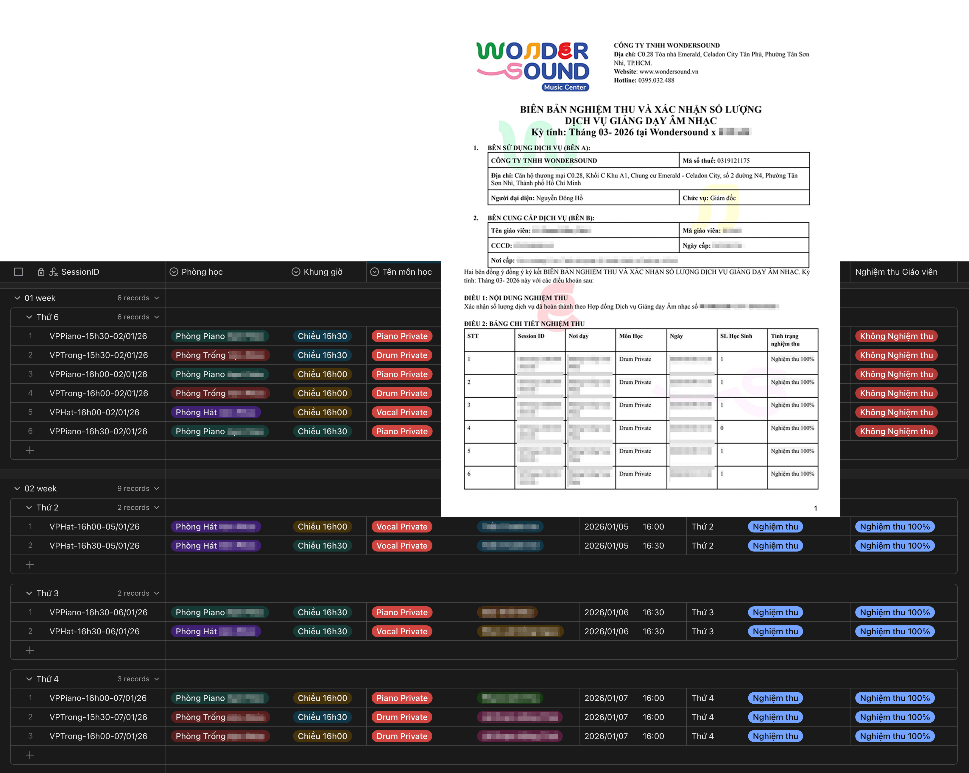 Biên bản nghiệm thu PDF + dashboard tổng hợp tình trạng nghiệm thu của Wondersound