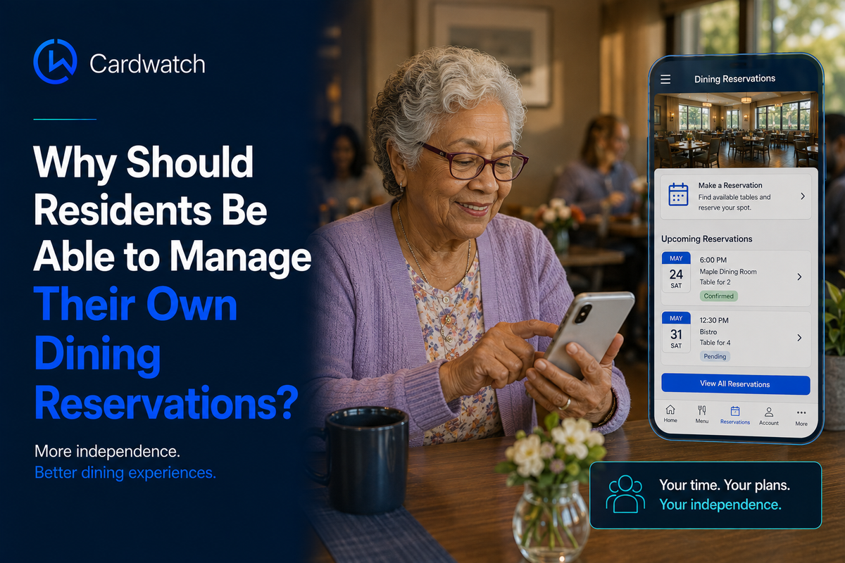 A senior resident uses a smartphone to view and manage her upcoming dining reservations, with the reservations screen shown alongside.