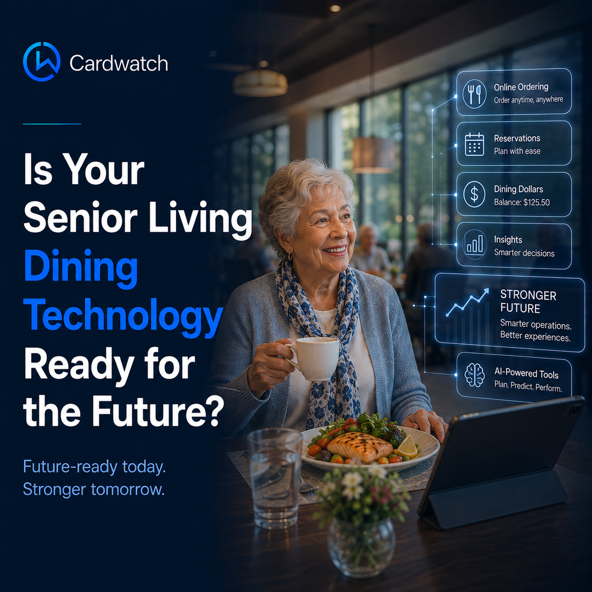 A senior resident enjoys coffee and a salmon meal beside a tablet, with floating cards for online ordering, reservations, dining dollars, insights, and AI-powered tools.