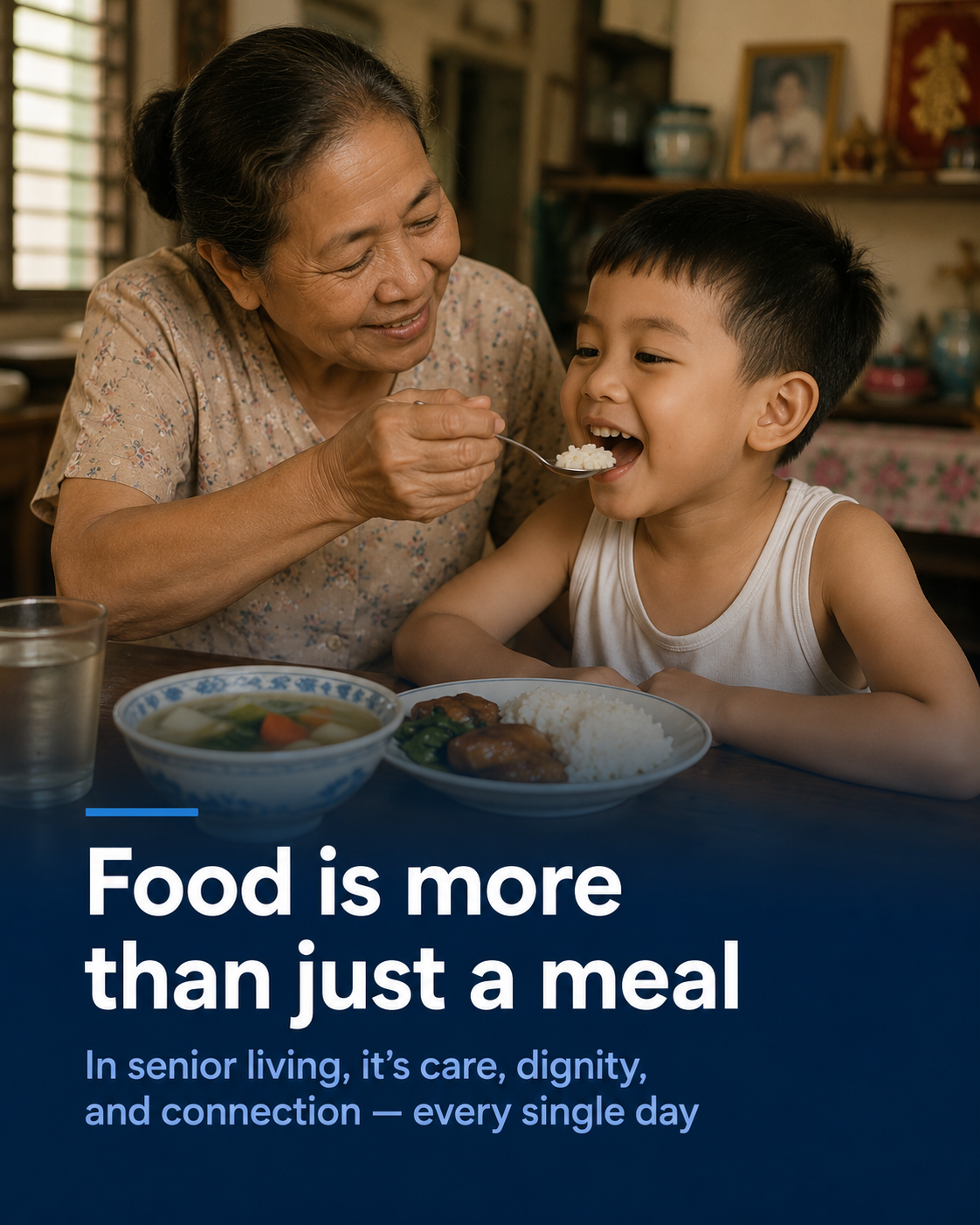 A grandmother spoon-feeds rice to a laughing young boy at a home table set with soup and stew, with the headline Food is more than just a meal