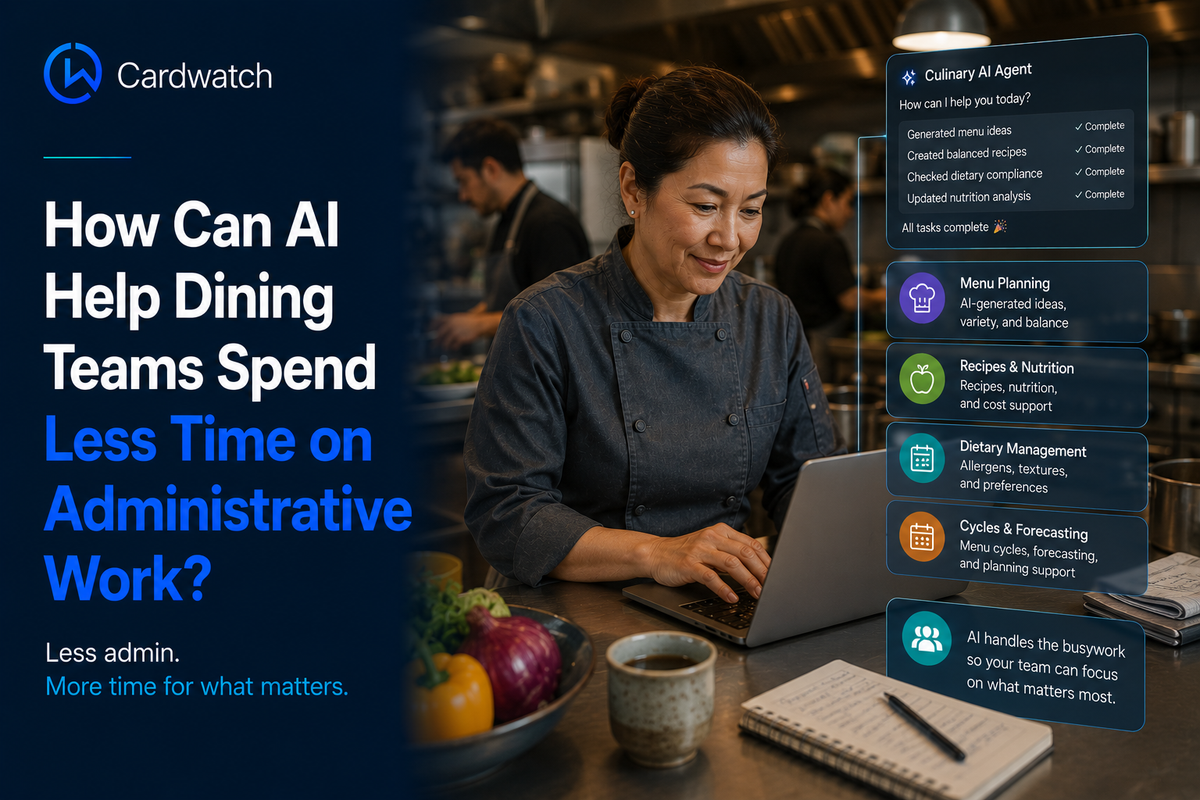 A chef works at a laptop in a professional kitchen while a culinary AI agent panel shows completed menu, recipe, and nutrition tasks.
