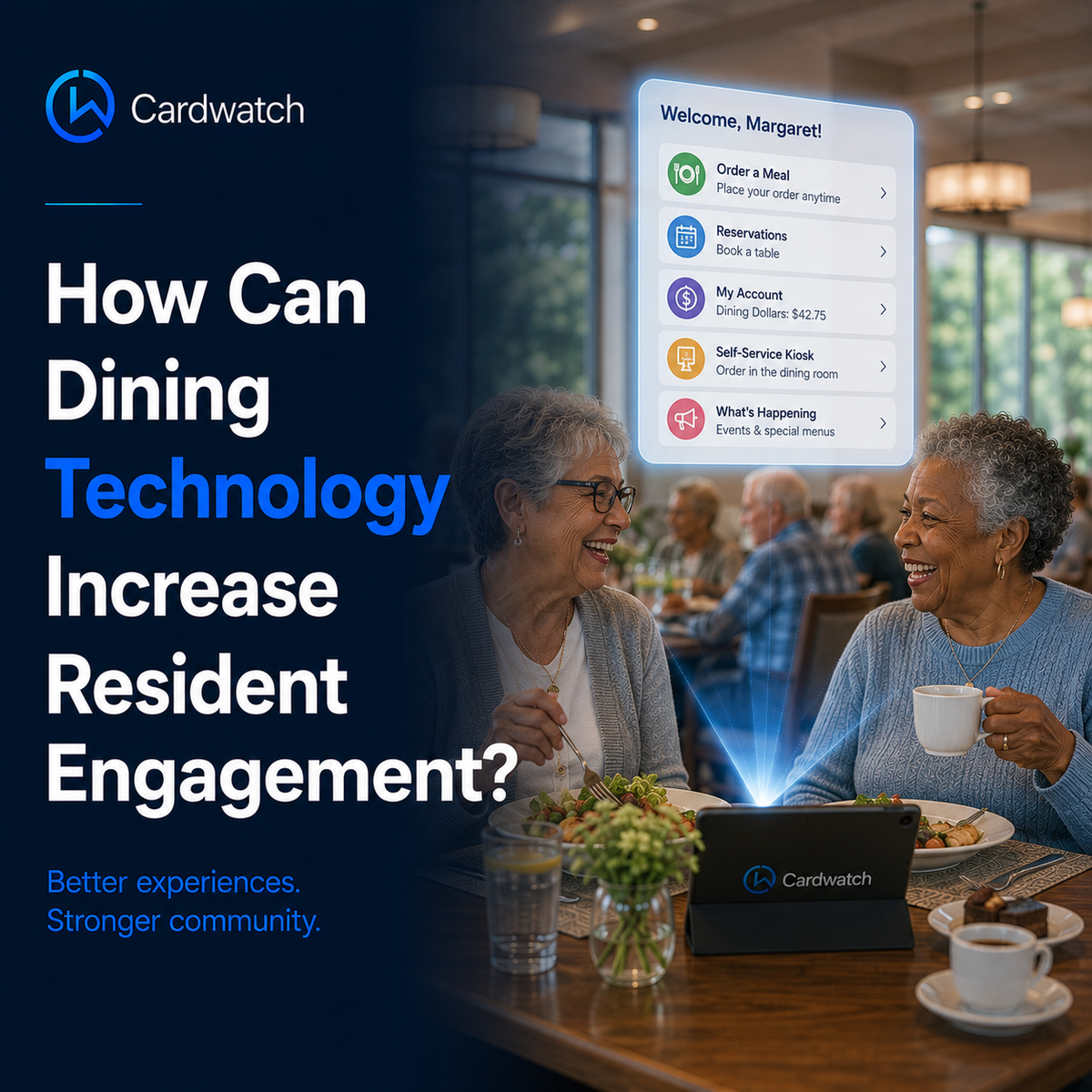 Two senior residents laugh together over a meal while a tablet displays a personalized Cardwatch menu with meal ordering, reservations, and account options.