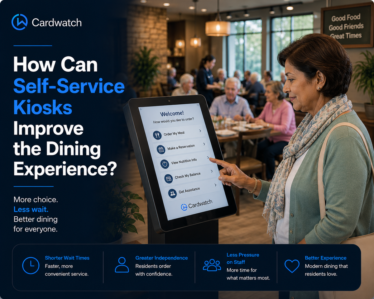 A resident taps a self-service ordering kiosk in a busy dining room, beside callouts for shorter wait times, greater independence, less pressure on staff, and a better experience.