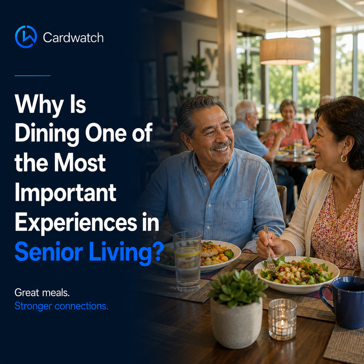 An older couple share a meal and conversation at a sunlit table in a senior living dining room, with other residents dining in the background.