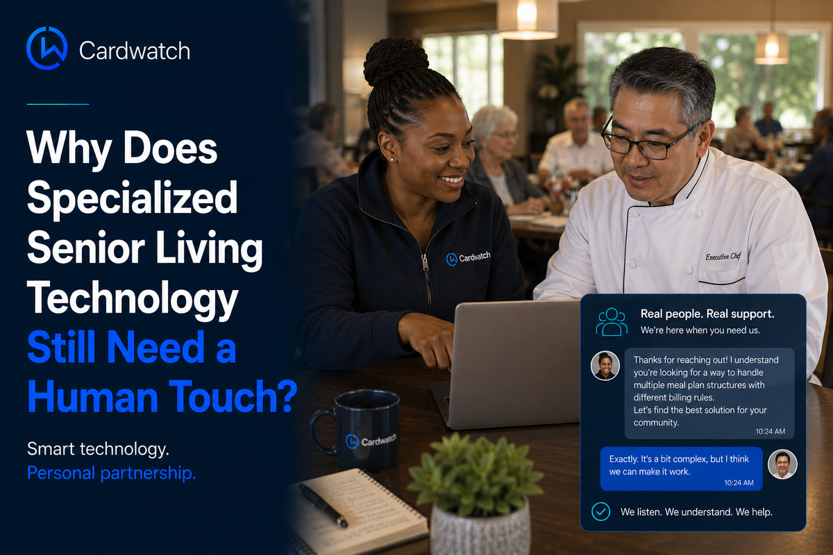 A Cardwatch support specialist and an executive chef work through a billing question on a laptop, beside a live support chat conversation.