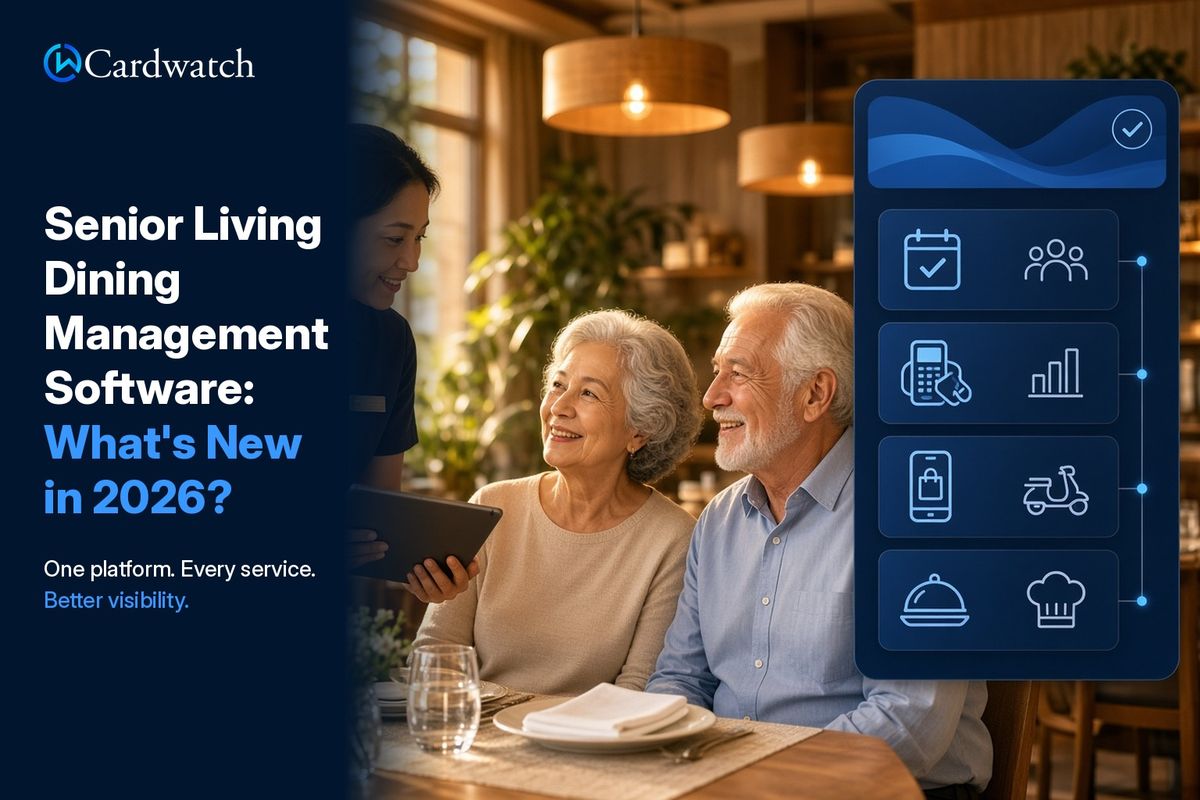 A server with a tablet greets two smiling residents beside a connected dashboard, illustrating senior living dining management software in 2026.