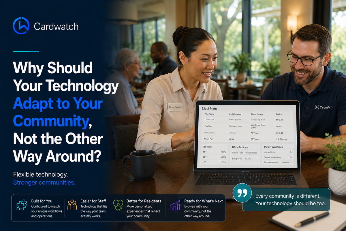 A dining director and a colleague review meal plan pricing and billing settings on a laptop in a senior living community.
