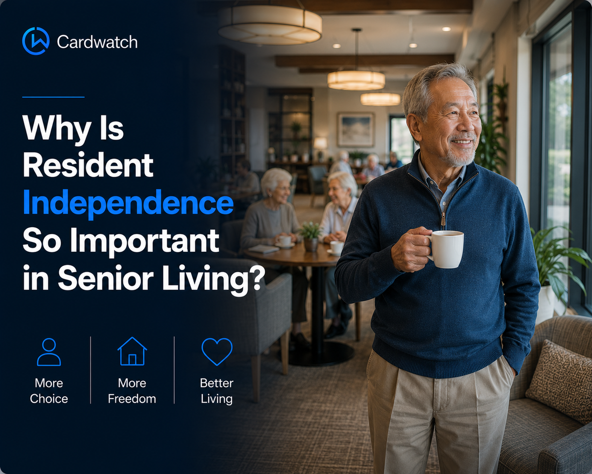 A senior resident stands with a coffee mug in a bright community lounge, beside icons for more choice, more freedom, and better living.