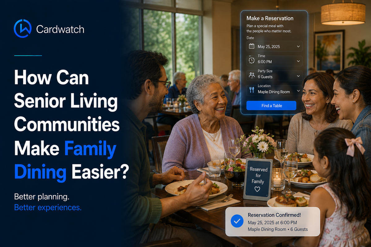 A multigenerational family shares a meal in a senior living dining room, with a family reservation booking screen shown alongside.
