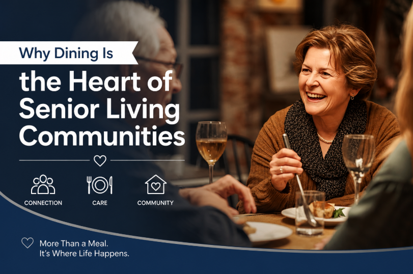 A woman laughs with friends over dinner and wine, with the headline Why Dining Is the Heart of Senior Living Communities and icons for connection, care, and community