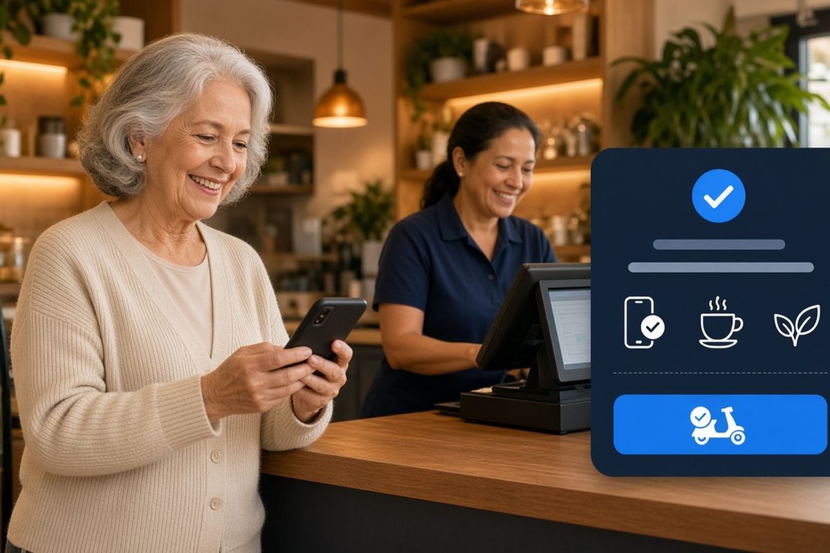 A senior living resident places a mobile dining order on her phone at a community café, showing modern senior living dining management software in use.