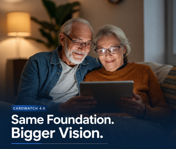 An older couple sits together on a couch looking at a tablet, with the label Cardwatch 4.0 and the headline Same Foundation. Bigger Vision.