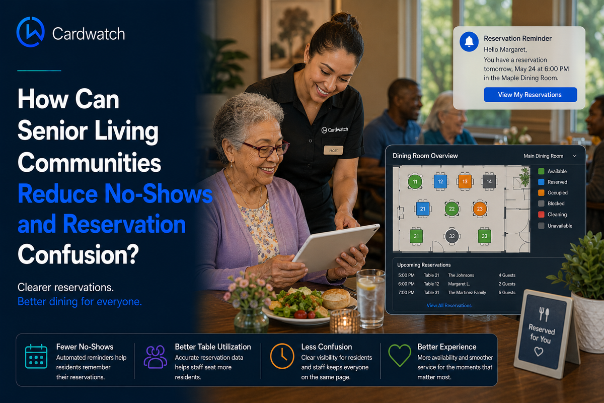 A host helps a senior resident review her reservations on a tablet, with a dining room overview and upcoming reservation list alongside.