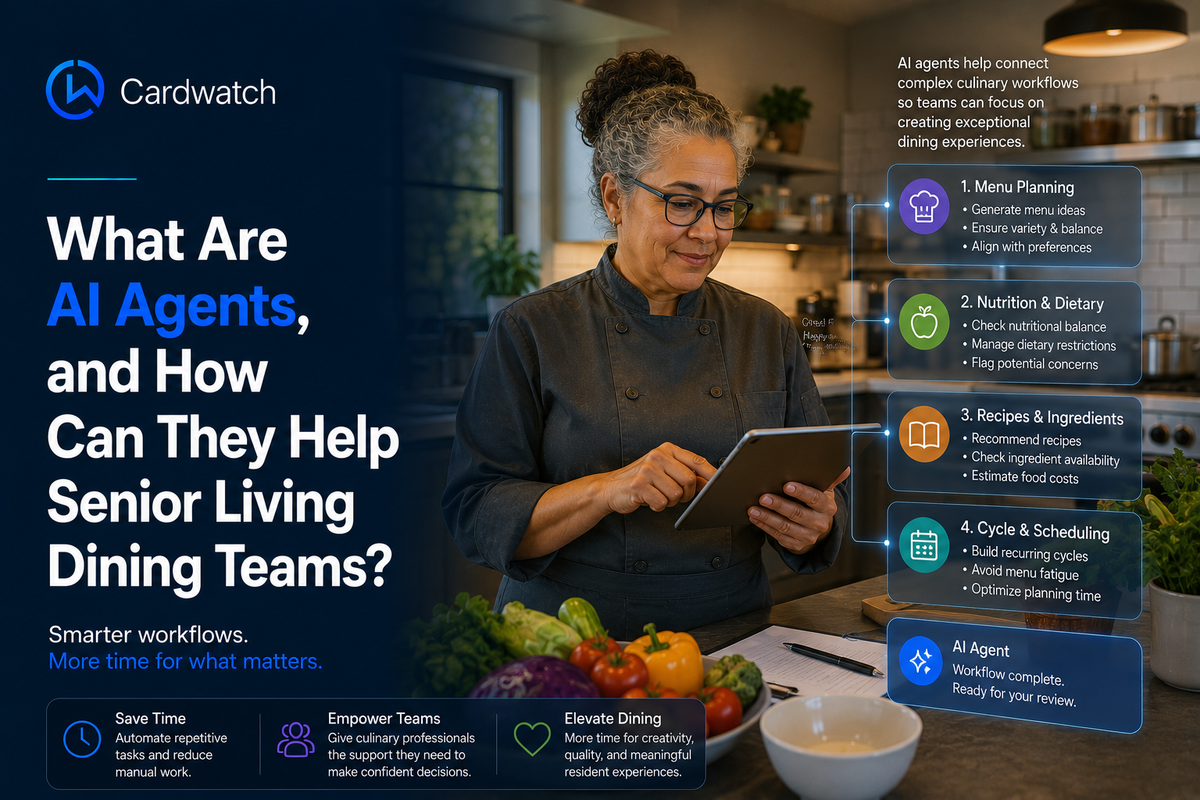 A chef reviews a tablet in a kitchen beside panels describing AI agents for menu planning, nutrition, recipes, and cycle scheduling.