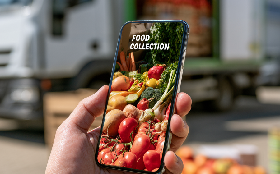 Smartphone app for food collection held up, food lorry behind