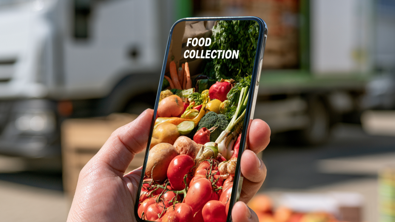 Smartphone app for food collection held up, food lorry behind