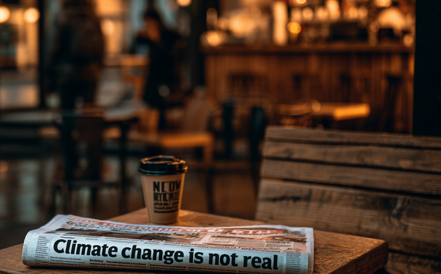 Newspaper on cafe table with headline "Climate Change is not real"