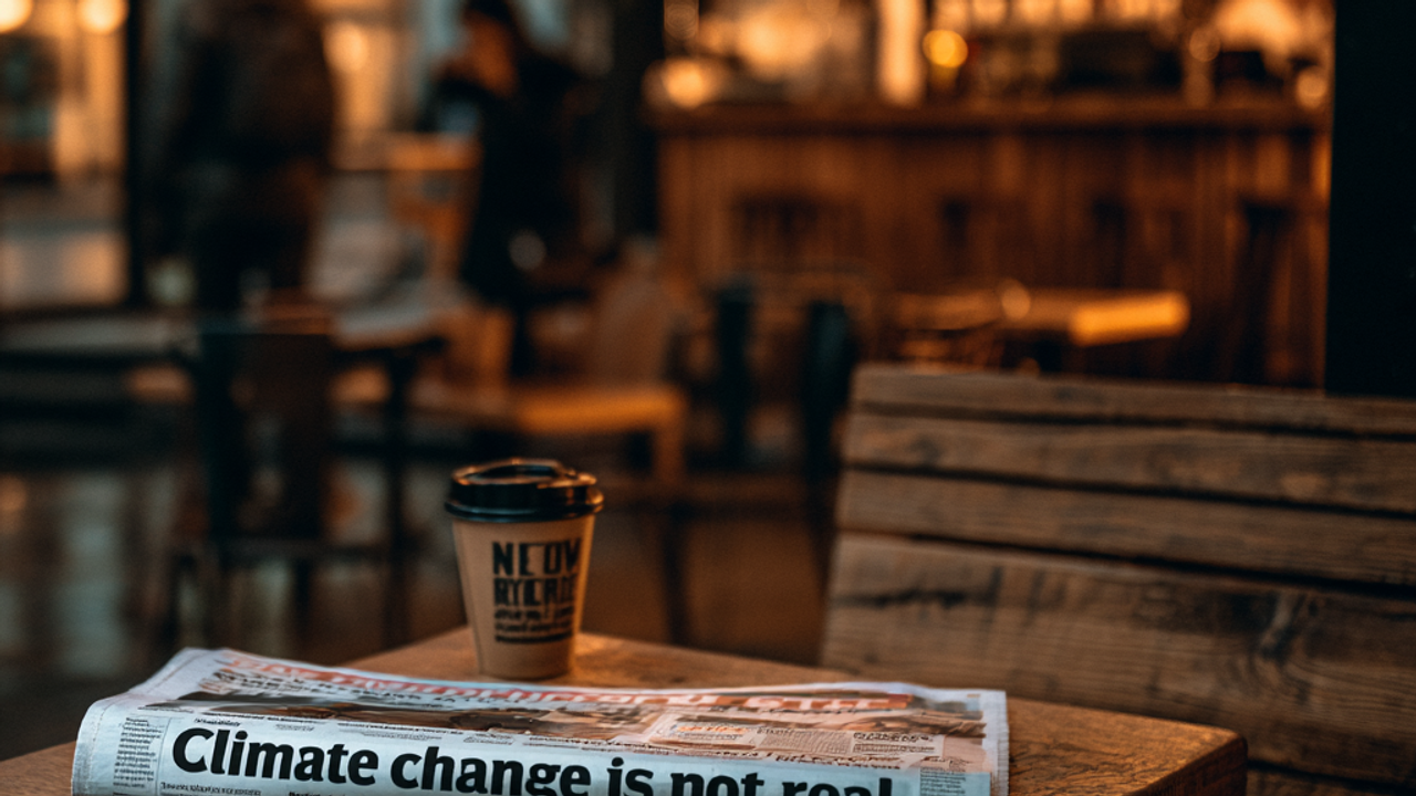 Newspaper on cafe table with headline "Climate Change is not real"