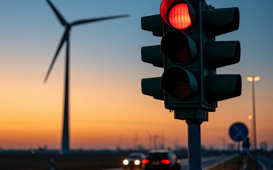 Red traffic lights next to wind turbine