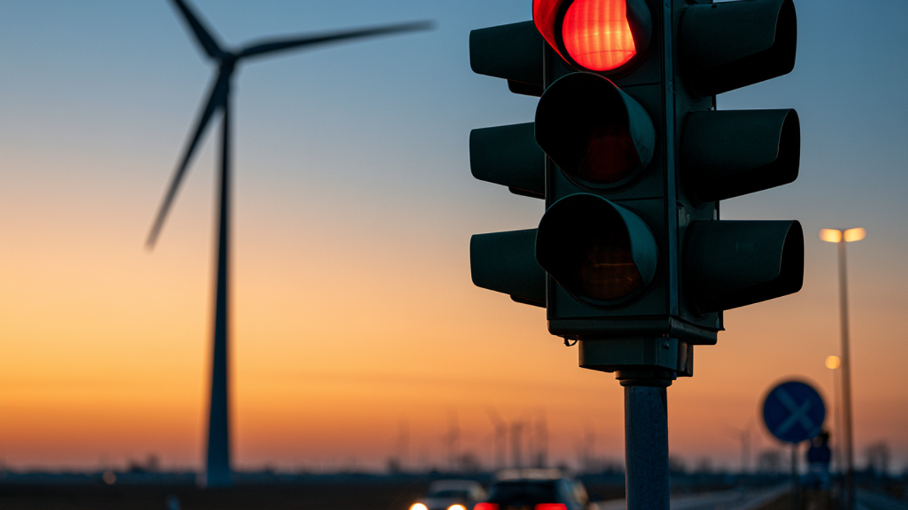 Red traffic lights next to wind turbine