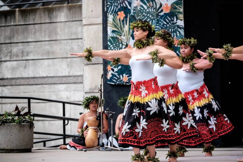 A hula hālau dancing at Mel Lastman Square