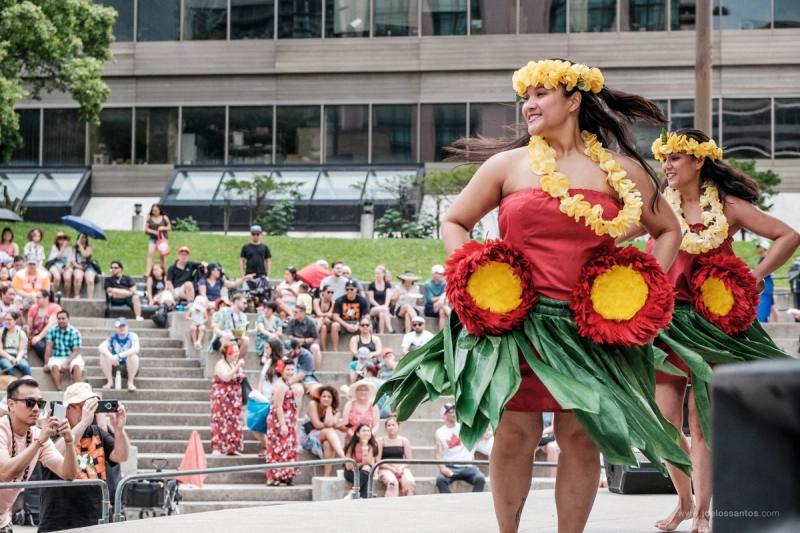 A hula hālau dancing at Mel Lastman Square