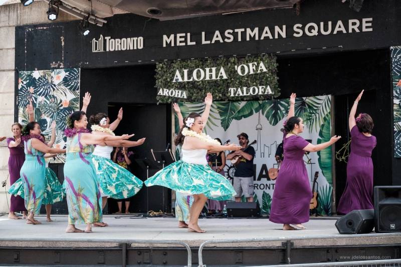 A hula hālau dancing at Mel Lastman Square