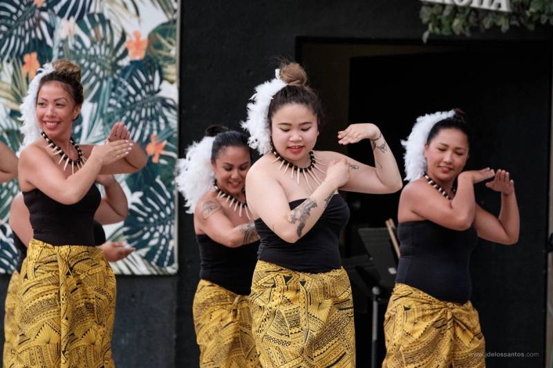 A hula hālau dancing at Mel Lastman Square