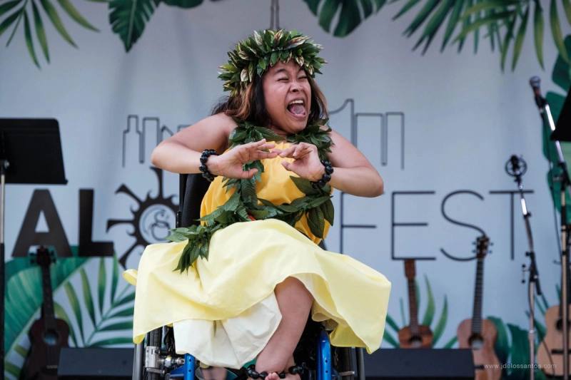 A hula hālau dancing at Mel Lastman Square
