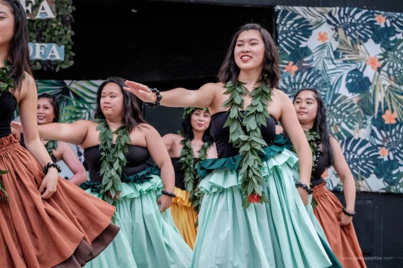 A hula hālau dancing at Mel Lastman Square