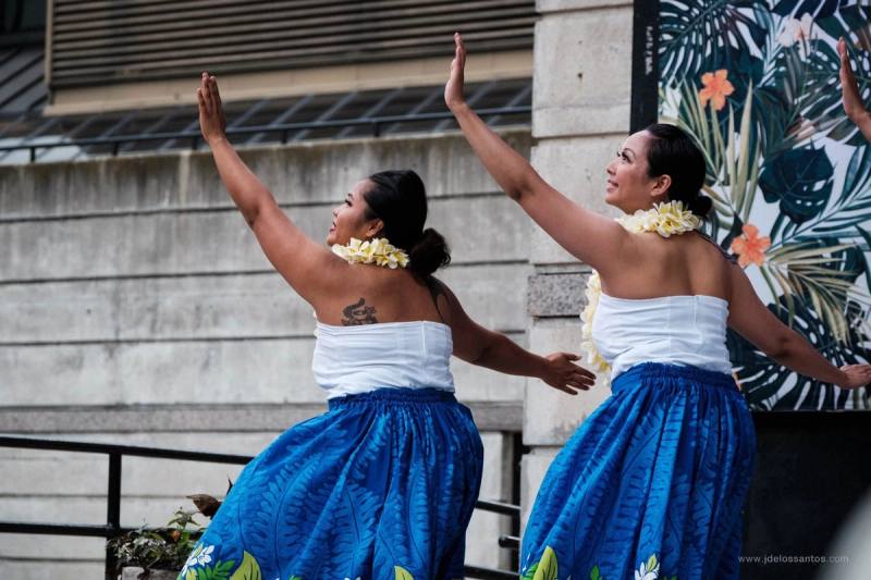 A hula hālau dancing at Mel Lastman Square