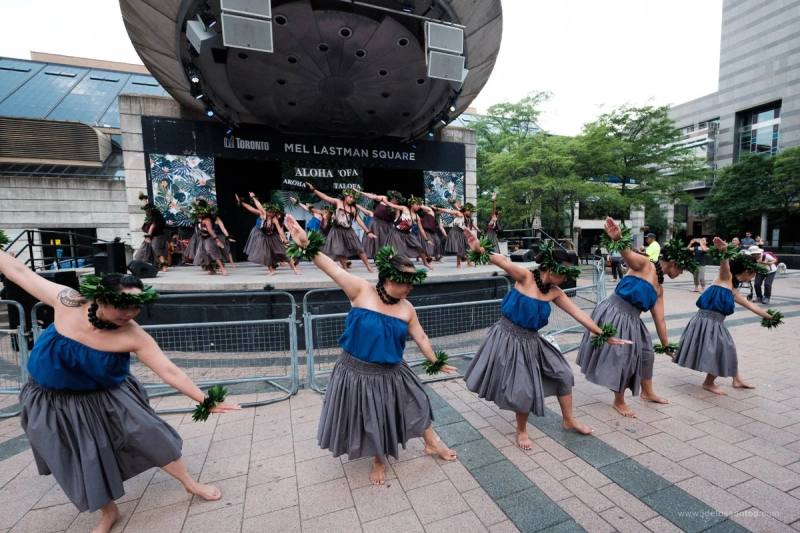 A hula hālau dancing at Mel Lastman Square