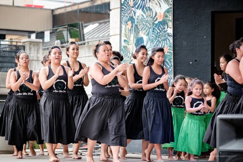 A hula hālau dancing at Mel Lastman Square