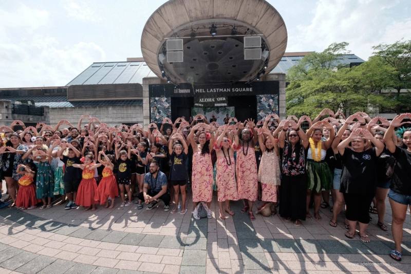 A hula hālau dancing at Mel Lastman Square