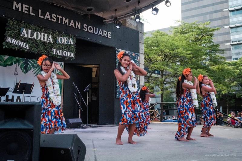A hula hālau dancing at Mel Lastman Square