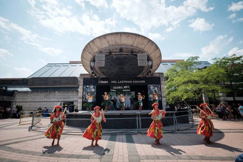 A hula hālau dancing at Mel Lastman Square