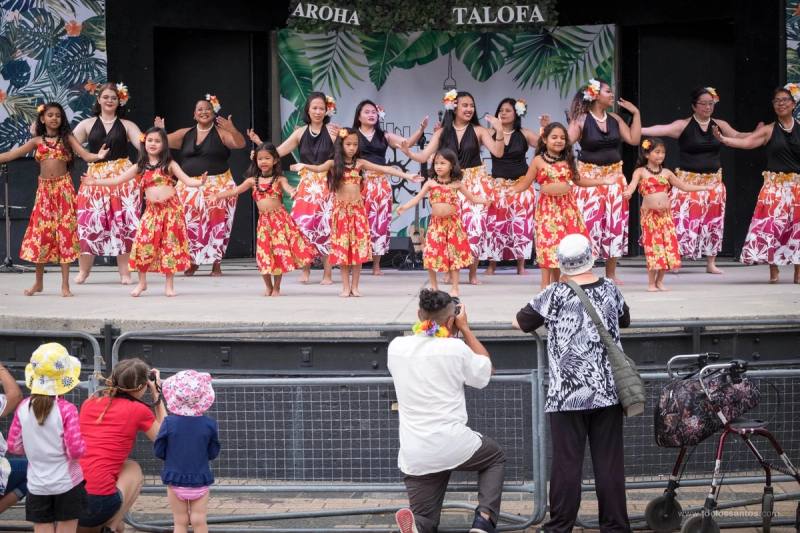A hula hālau dancing at Mel Lastman Square