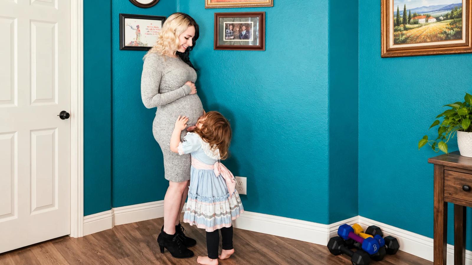 Shoshannah Roberts, a four-time gestational carrier, pregnant with her own baby and smiling down at her young daughter, who leans in to kiss her belly.