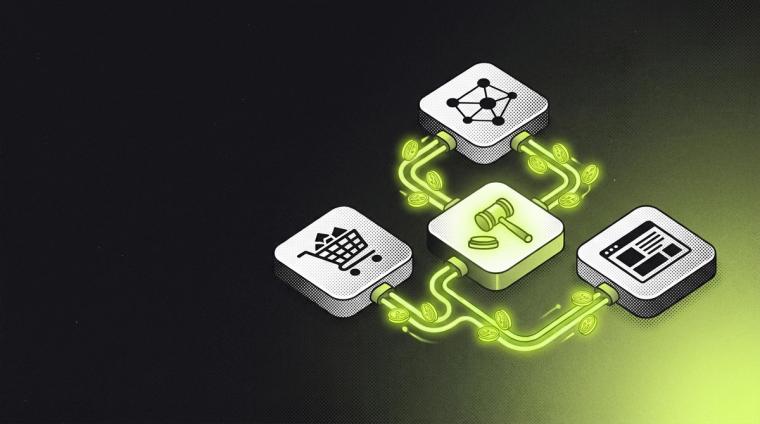 DSP, SSP, ad exchange and ad network shown as connected tiles: a shopping cart for the buyer, a web page for the publisher and an auction gavel in the middle