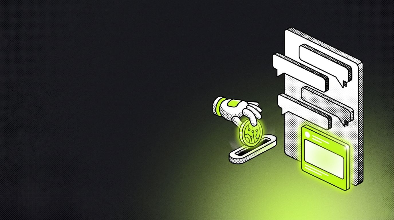 A chat window with message bubbles and a highlighted sponsored ad unit, next to a robot hand dropping a coin into a slot, illustrating ads in AI assistants and agents that buy media