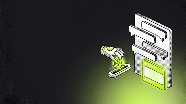 A chat window with message bubbles and a highlighted sponsored ad unit, next to a robot hand dropping a coin into a slot, illustrating ads in AI assistants and agents that buy media