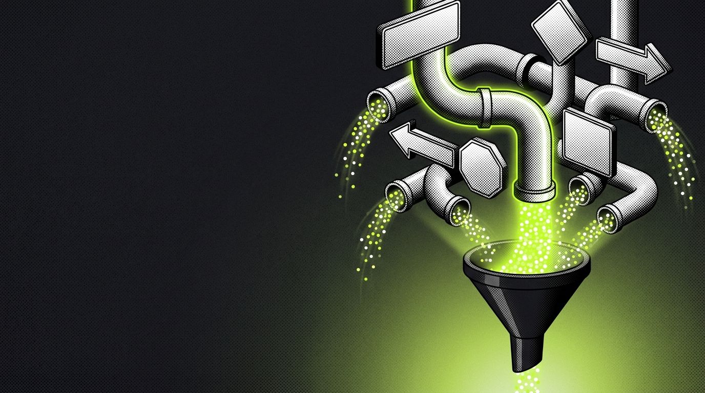 Halftone pipes and traffic signs pouring streams of glowing dots into one funnel, one pipe highlighted in lime green, illustrating a comparison of adult ad networks