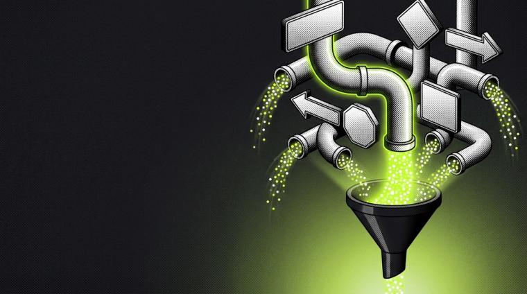Halftone pipes and traffic signs pouring streams of glowing dots into one funnel, one pipe highlighted in lime green, illustrating a comparison of adult ad networks