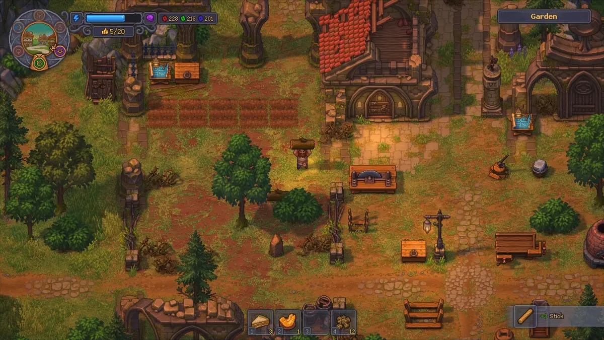 An overhead view of a Graveyard Keeper 2 village, with cobbled paths, clipped hedges, a red-roofed workshop, rows of headstones and trees, and the game’s resource bars in the top corner