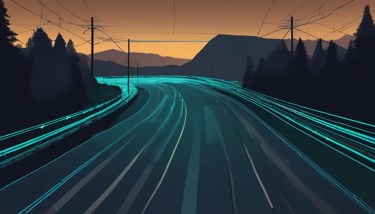 A stylised highway at dusk with cyan light trails sweeping along the lanes, silhouetted trees and power lines against an orange sky