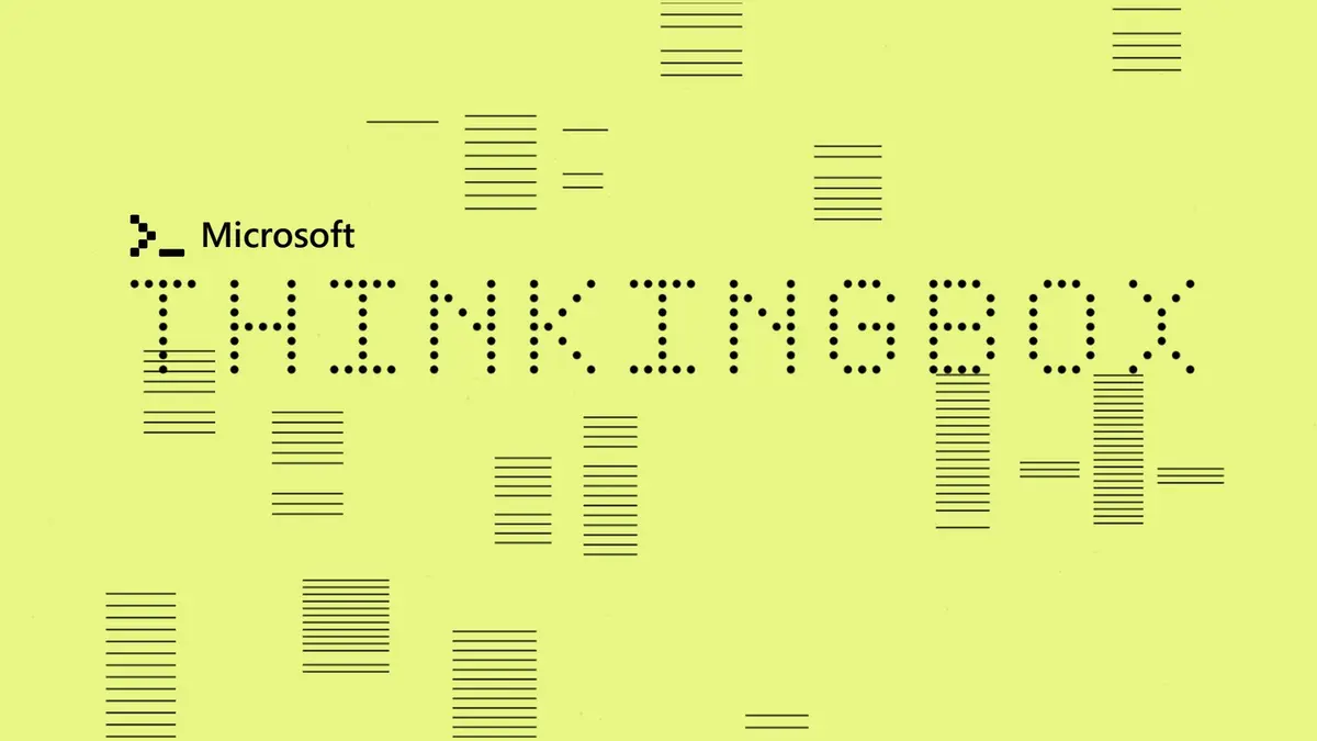 The ThinkingBox wordmark picked out in dots beside the Microsoft logo on a pale green graph-paper background
