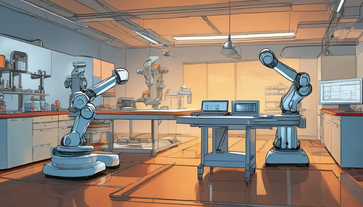 An illustrated robotics laboratory with two white articulated robotic arms stationed on workbenches either side of a long bench, laptops, monitors and lab equipment between them, glass partition walls and warm overhead lighting