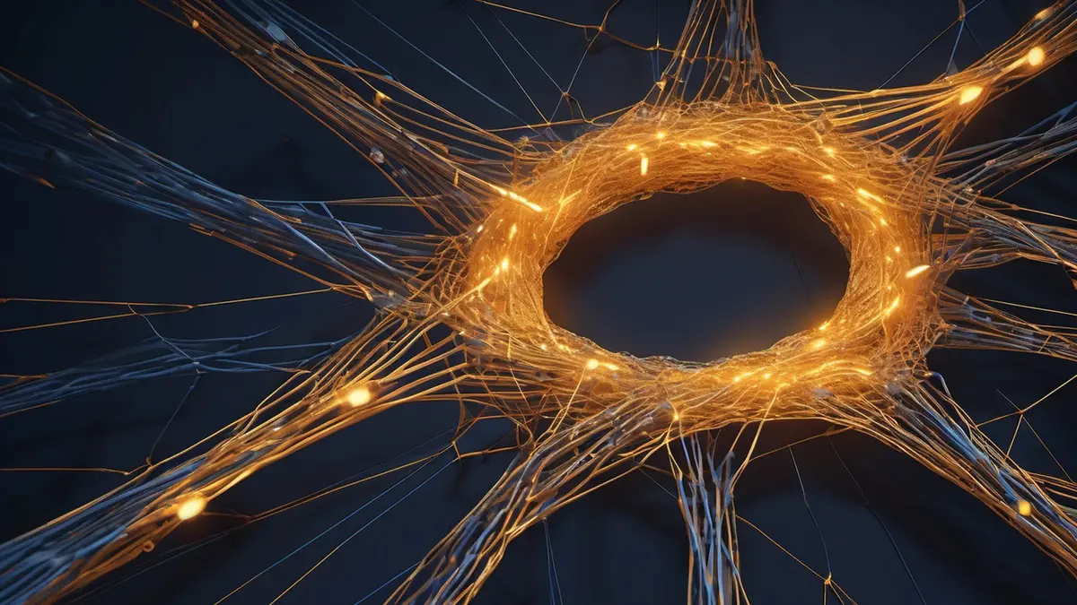 Illustration of many small website nodes feeding glowing threads of value into a single central information hub