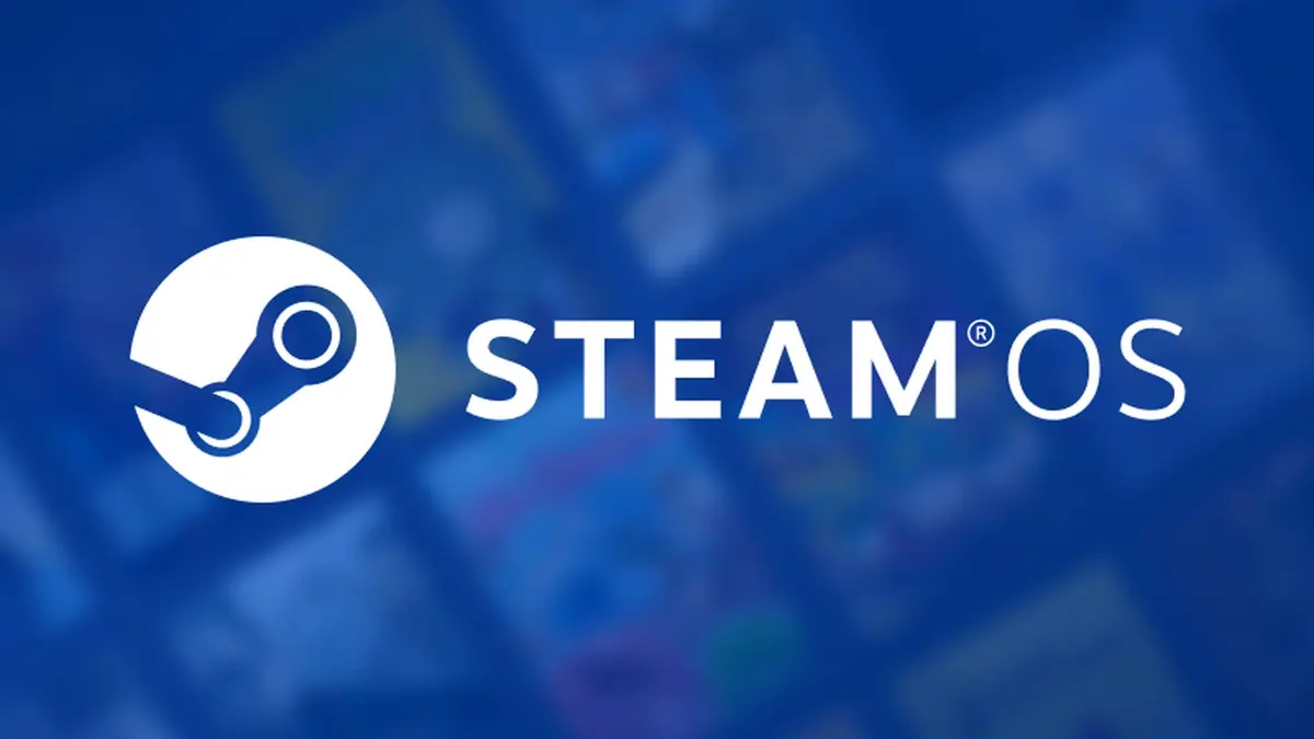 The SteamOS wordmark and Steam logo in white, centred on a deep blue background patterned with faint game artwork